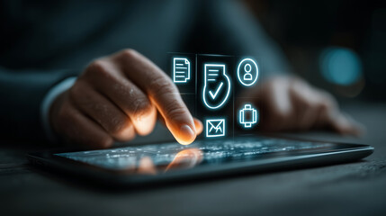 Futuristic Digital Interface with Finger Touching Virtual Icons