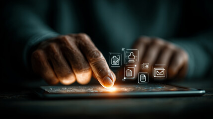 Futuristic Digital Interface with Finger Touching Virtual Icons