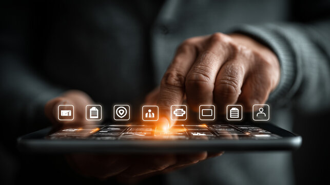 Futuristic Digital Interface with Finger Touching Virtual Icons - Powered by Adobe