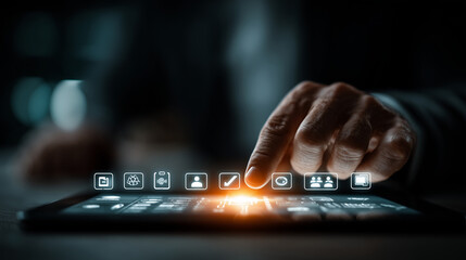 Futuristic Digital Interface with Finger Touching Virtual Icons