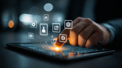 Futuristic Digital Interface with Finger Touching Virtual Icons