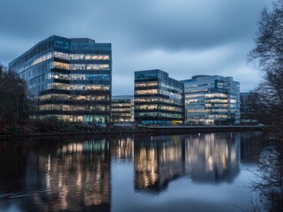 Fototapeta premium Modern Corporate Office Buildings with Glass Facades Reflecting in Water at Twilight