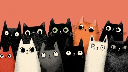 Group of expressive cartoon cats on a peach background