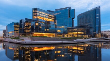 Fototapeta premium Modern Corporate Office Buildings with Glass Facades Reflecting in Water at Twilight