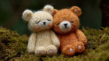 Obraz premium Two cuddling knitted teddy bears sitting peacefully on moss in nature