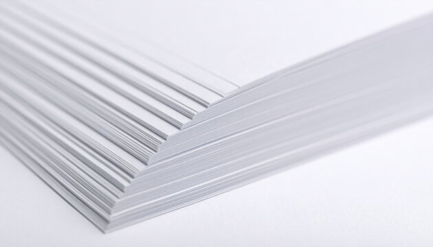Close up of stack of white paper sheets with textured edges, arranged neatly on white surface, conveying sense of organization and purity, suitable for printing or writing purposes