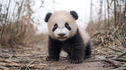 Fototapeta premium Cute panda cub in a bamboo forest