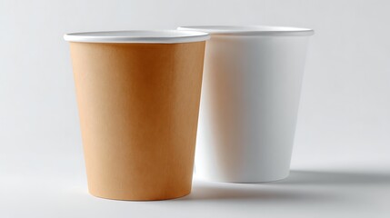 Two Tall Paper Cups Brown Kraft Paper Cup with White Paper Cup on Light Background