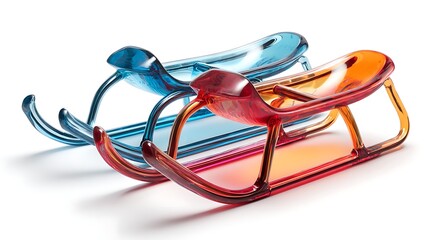 Two Transparent Sleds Blue and Orange Plastic Toboggans on White Plain Backdrop