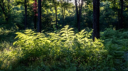 Fototapeta premium Sunlit Ferns in Lush Green Forest Backdrop