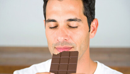 Man with closed eyes smelling chocolate bar, enjoying aroma and flavor, in cozy indoor setting, conveying pleasure and indulgence, with neutral background and soft lighting