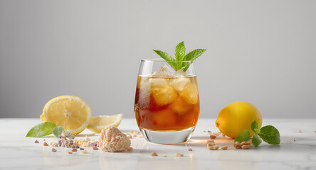 Fototapeta premium Refreshing Iced Tea with Lemon, Mint, and Brown Sugar. Cool Summer Drink with Ingredients on White Background.