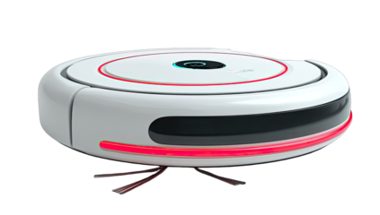 A white robotic vacuum cleaner with illuminated features