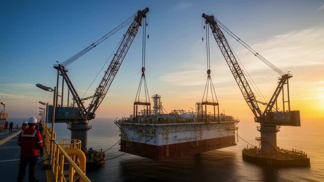 Heavy lift cranes positioning the floatingLNG module onto the offshore integration platform during early morning operations.