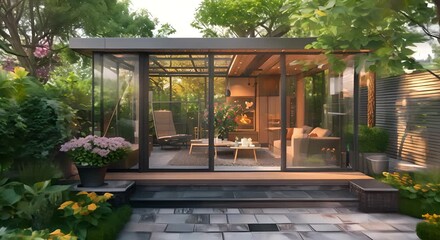 Modern Glass Sunroom Extension with Comfortable Seating and Surrounding Greenery