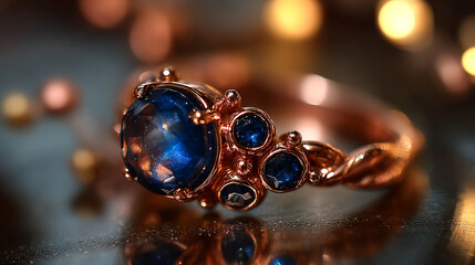 Closeup of Sparkling Blue Sapphire Rose Gold Ring on Dark Reflective Surface