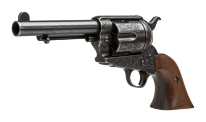 Historic revolver display museum exhibition firearm collection indoor environment antique concept. Cut out PNG