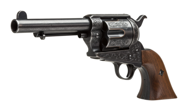 Historic revolver display museum exhibition firearm collection indoor environment antique concept. Cut out PNG