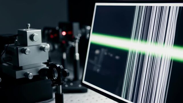 Interference fringe analysis displayed on monitor as part of optical interferometer mirror metrology procedure.