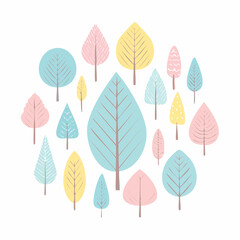 Obraz premium Whimsical vector forest tree collection featuring diverse crown shapes and stylized leaves in soft pastel blue, pink, and yellow hues, ideal for cheerful designs and nature-themed projects.
