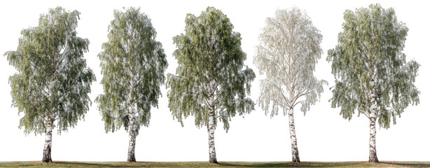 Row of birch trees against a dark background.  Row of trees, light green/grey