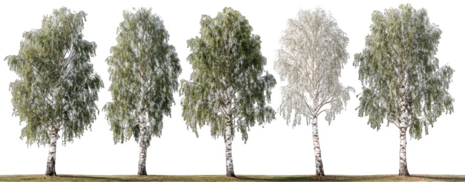 Row of birch trees against a dark background.  Row of trees, light green/grey