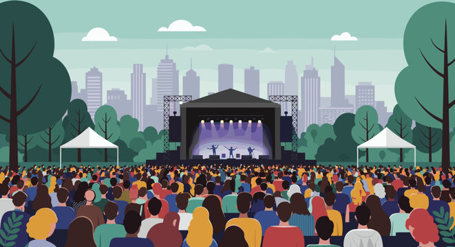 Live music festival urban city digital illustration outdoor venue crowd perspective vibrant atmosphere. Vector illustration