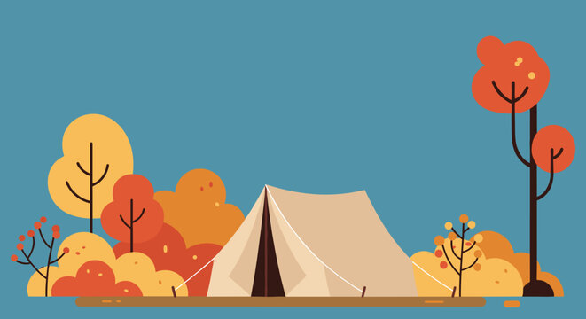 Camping adventure in autumn woods tent setup nature illustration serene environment aesthetic view. Vector illustration