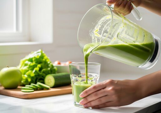 Healthy Green Smoothie Poured Into Glass From Blender With Fresh Spinach, Cucumber, And Green Apple On Kitchen Counter, detox drink, green smoothie, healthy lifestyle - Powered by Adobe