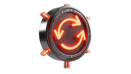 Circular, metallic, glowing, refresh symbol