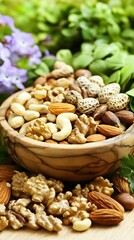 Obraz premium Assorted Nuts in Wooden Bowl Healthy Snack Food Mix