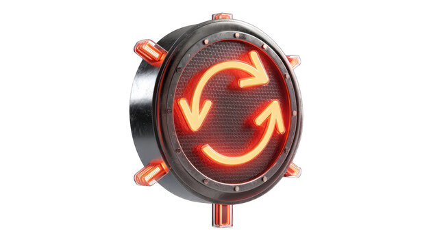 Circular, metallic, glowing, refresh symbol