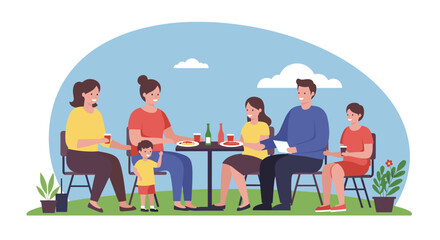 Family gathering at a picnic table outdoors illustration bright and cheerful environment. Vector illustration