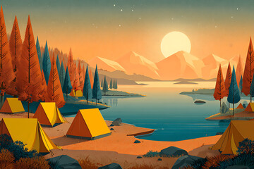 Serene lakeside camping scene at sunset with tents, mountains, and tranquil waters