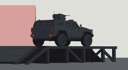 Military vehicle maneuvering on ramp urban setting digital illustration action environment side view tactical concept. Vector illustration
