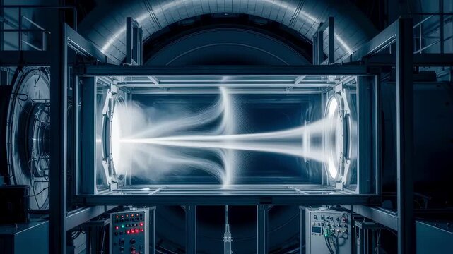 Hypersonic wind tunnel test section with transparent windows revealing supersonic airflow patterns for scramjet fuel injection analysis.
