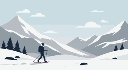 Skiing adventure in majestic mountains digital illustration winter landscape serene viewpoint. Vector illustration