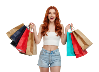 Exciting shopping experience retail store of happy shopper joyful viewpoint consumerism concept. Cut out PNG