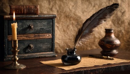 Feather quill and inkwell on old paper with candlelight on vintage writing desk and dark wood chest, beige parchment background