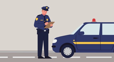 Police officer writing report by patrol car urban setting digital illustration daylight law enforcement scene. Vector illustration