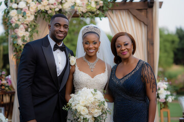 Happy and smiling young African-American newlywed couple with the bride's mother, in front of decorated arbor, wedding ceremony concept
