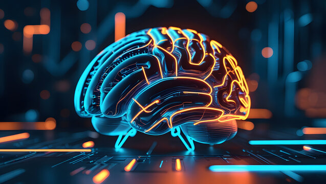 A glowing, digital representation of a human brain with illuminated circuits and neural pathways, showcasing technology.