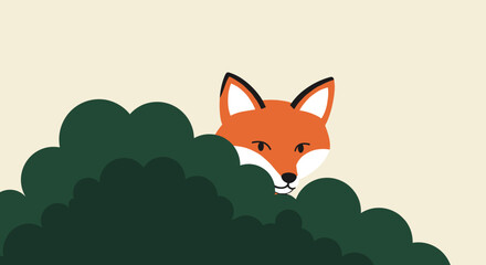 Curious fox peeking from bushes in a whimsical forest setting illustrated nature scene. Vector illustration