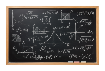 Mathematics equations and graphs on blackboard classroom educational content academic environment overhead learning concepts. Cut out PNG