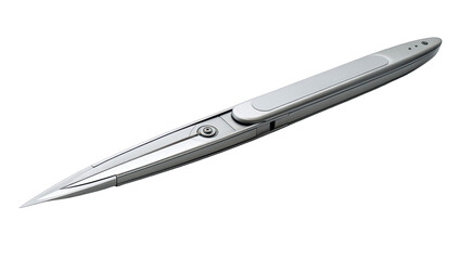 A metallic, streamlined, pen-like tool