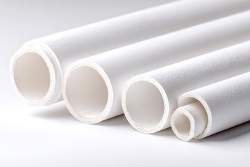 Fototapeta premium White PVC Pipes of Various Diameters Arranged on White Surface in Studio Lighting