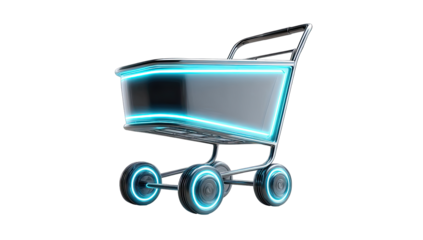 Futuristic shopping cart with glowing neon blue accents