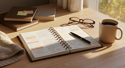A close-up shot of an open notebook on a wooden desk with stationary, glasses, and a cup of coffee