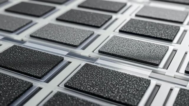 Detailed view of catalyst layers and membrane electrode assemblies arranged meticulously during hydrogen fuelcell stack production.