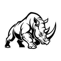 Fototapeta premium A powerful black and white vector illustration of a charging rhinoceros, depicted as a strong and aggressive mascot.